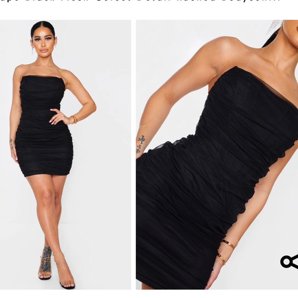 Black Mesh Corset Detail Ruched Bodycon Dress